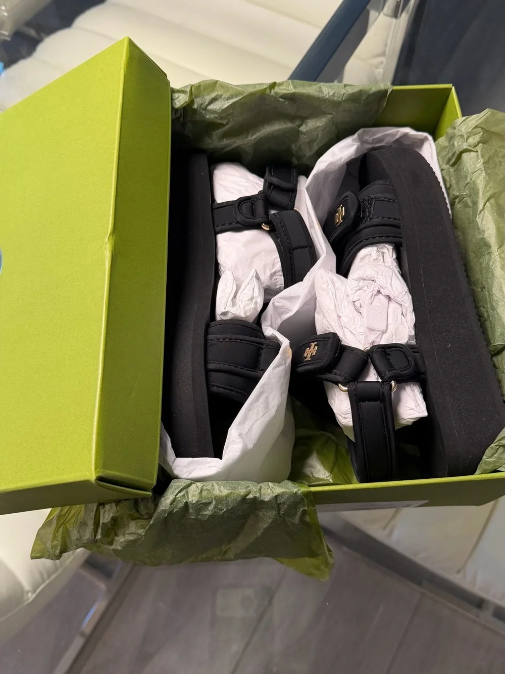 Tory Burch Black Platform Sandals with Gold Logo